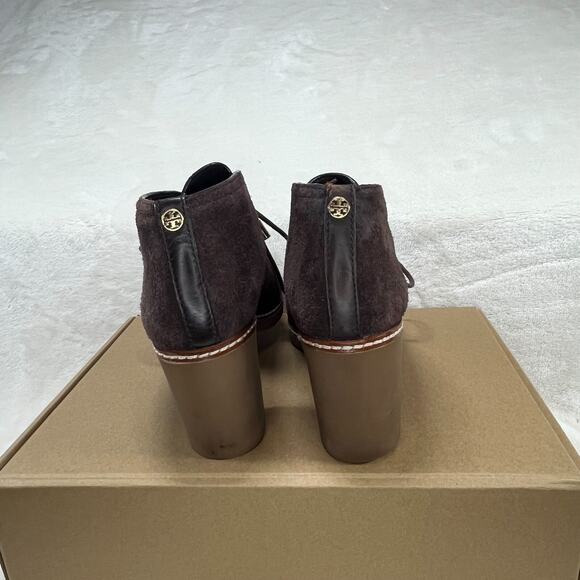 Tory Burch Suede Booties 6.5M Brown Lace-Up Fur Lined Leather Upper Heel - Picture 6 of 6